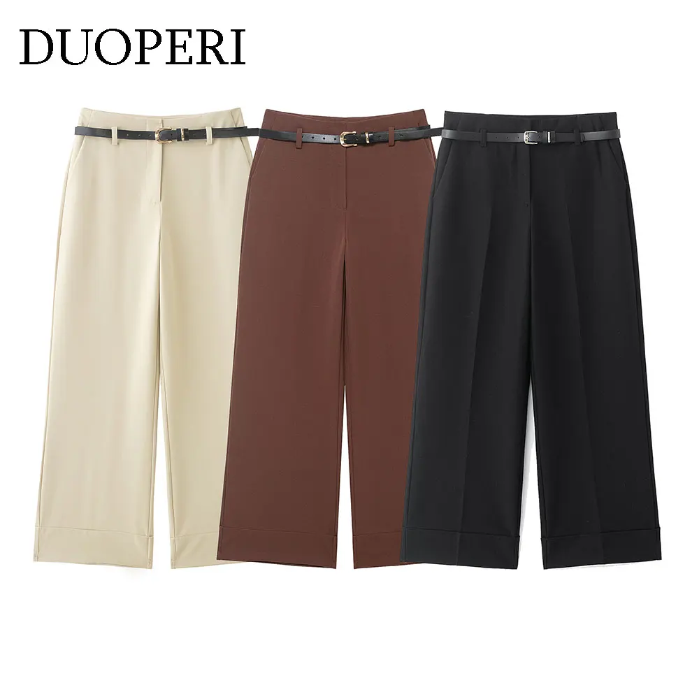 DUOPERI, pantalones rectos lisos con cinturón para mujer, pantalones informales de cintura alta de longitud completa, pantalones elegantes para mujer