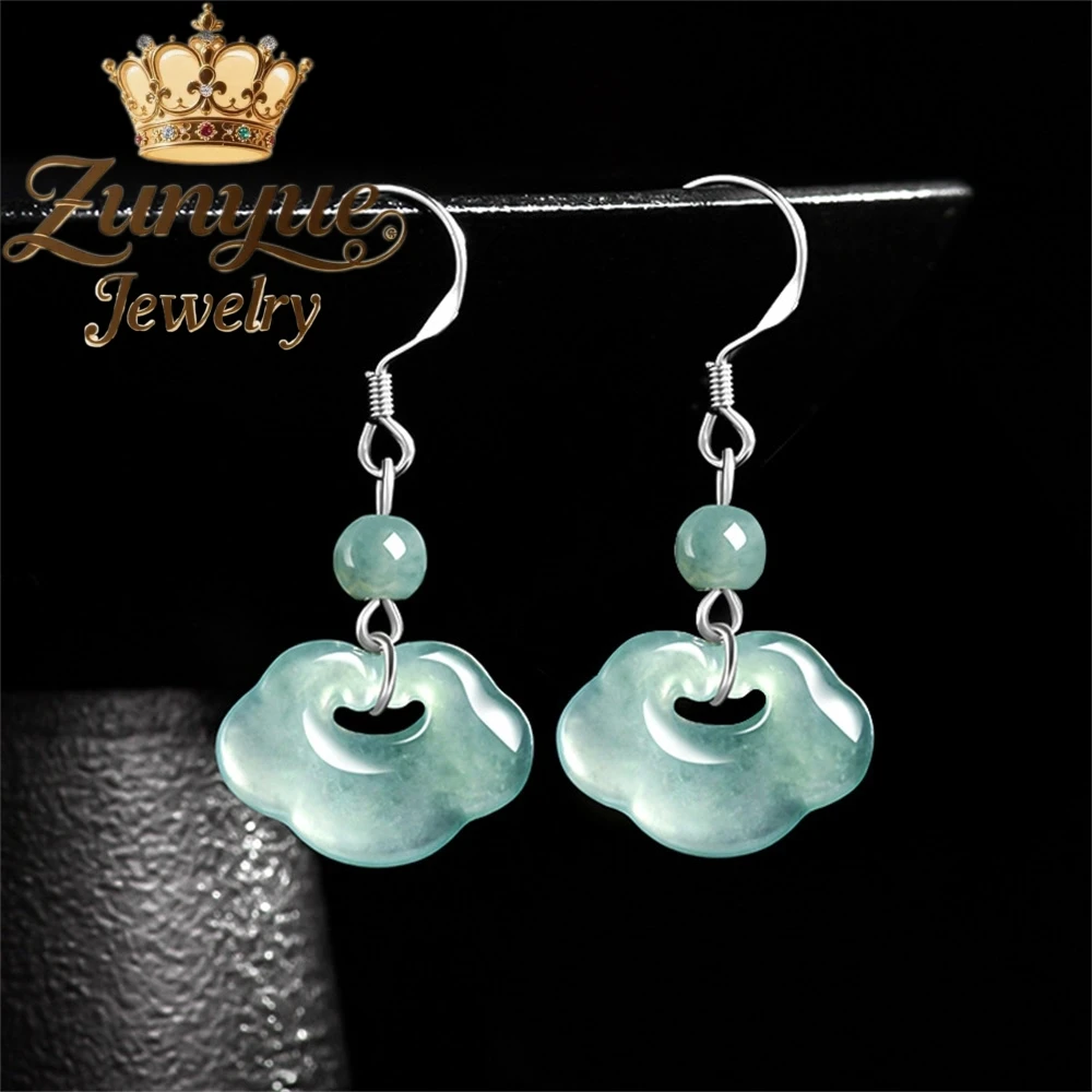 

Серьги Ruyi из натурального нефрита А-класса с синей водой S925, серебряные инкрустированные нефритовые серьги ледяного типа, серьги в древнем стиле для женщин