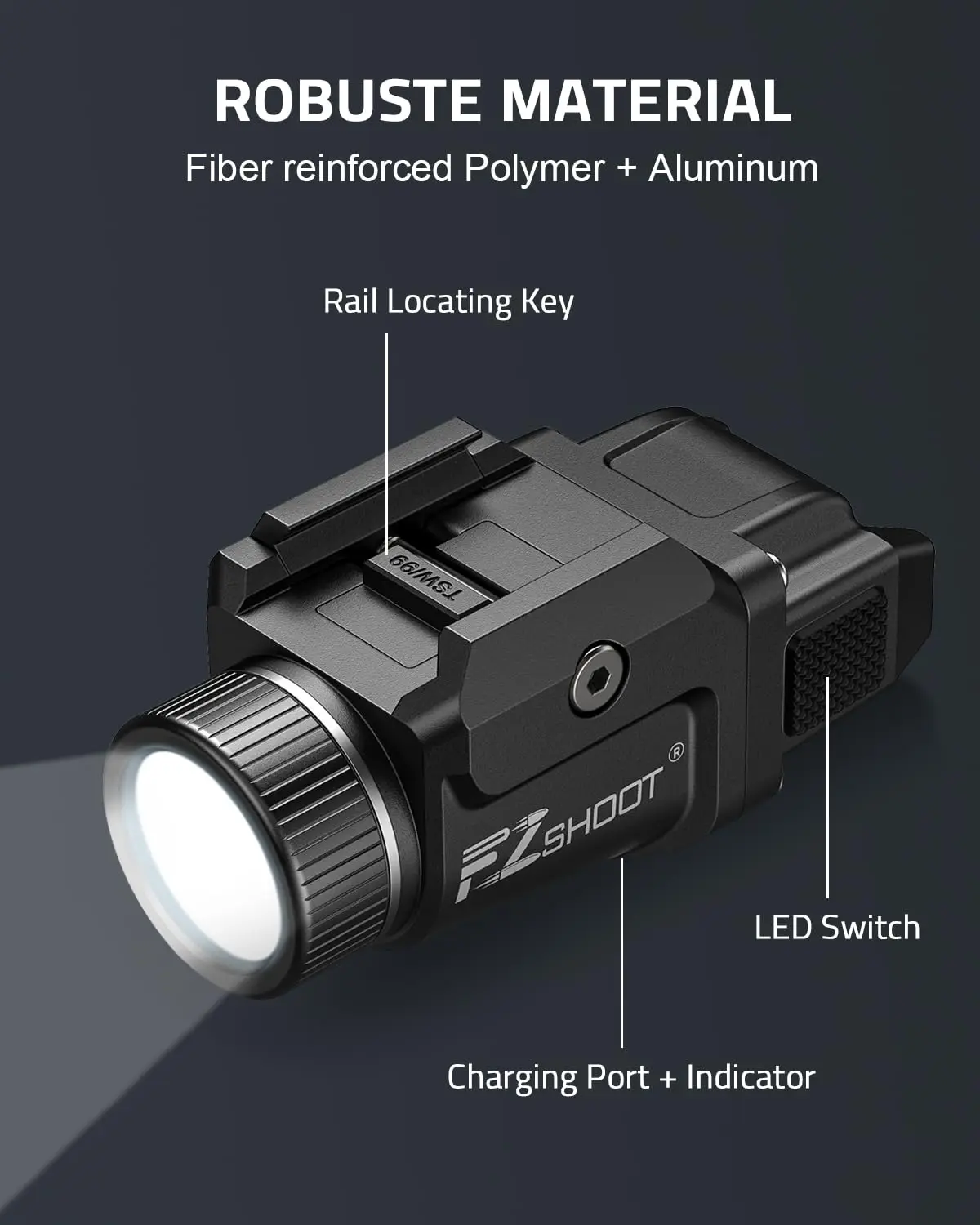 Torcia ricaricabile con luce a pistola da 500 lumen con modalità stroboscopica per mini pistola Picatinny e guide GL