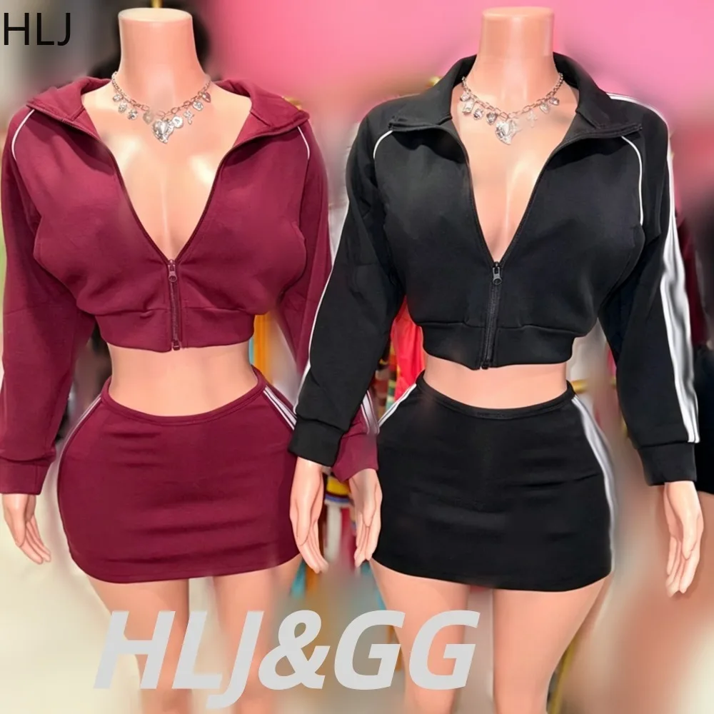 HLJ&GG Women Two Piece Set Tracksuit Zip Up Long Sleeve Crop Top And High Waist Mini Skirts Casual Sporty Outfits Streetwear New