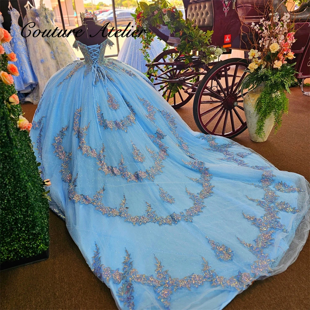 Sky Blue Off The Shoulder Quinceanera Dresses Colorful Lace Appliques Ruched 15 Year Old Ball Gown Princess Dress Customized