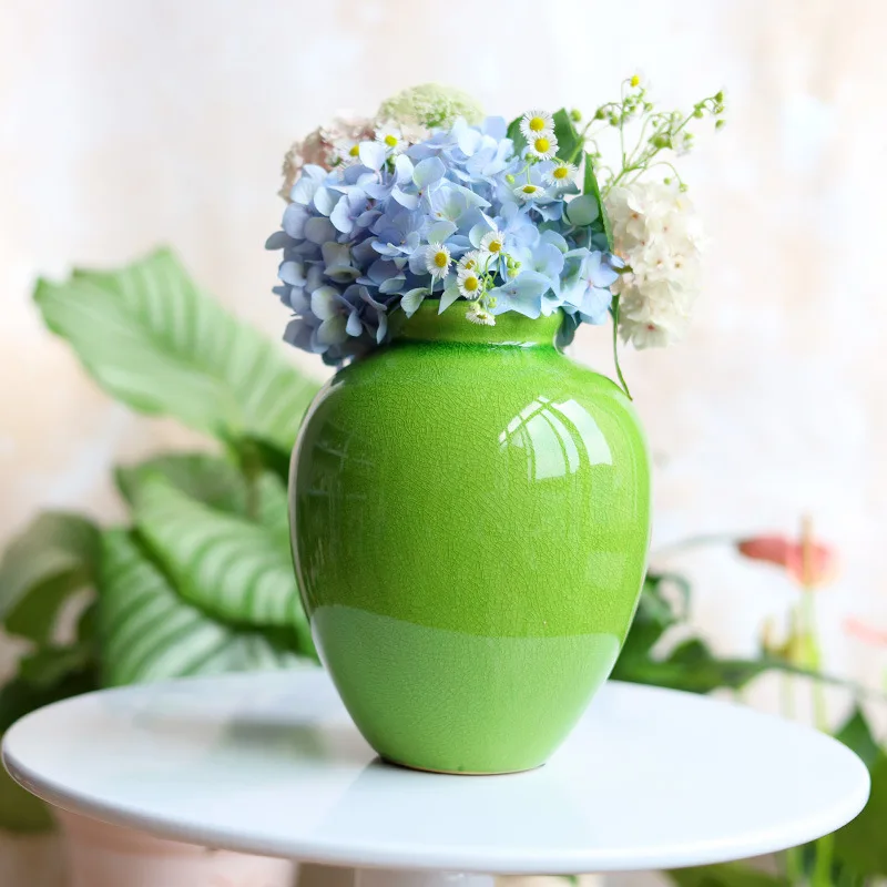 Xunshè Vintage Ice-Cracked Ceramic Vase for Flower Arrangements, High-End Emerald Green Flower Container Ornament