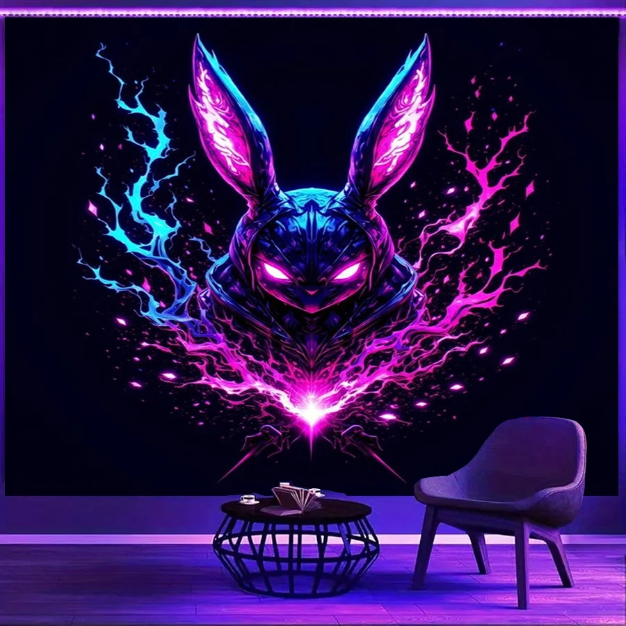 1PC Neon Rabbit Samurai Art Print Backdrop Banner, Bedroom Living Room Photo Background, Polyester, Home Decor, Wall Art