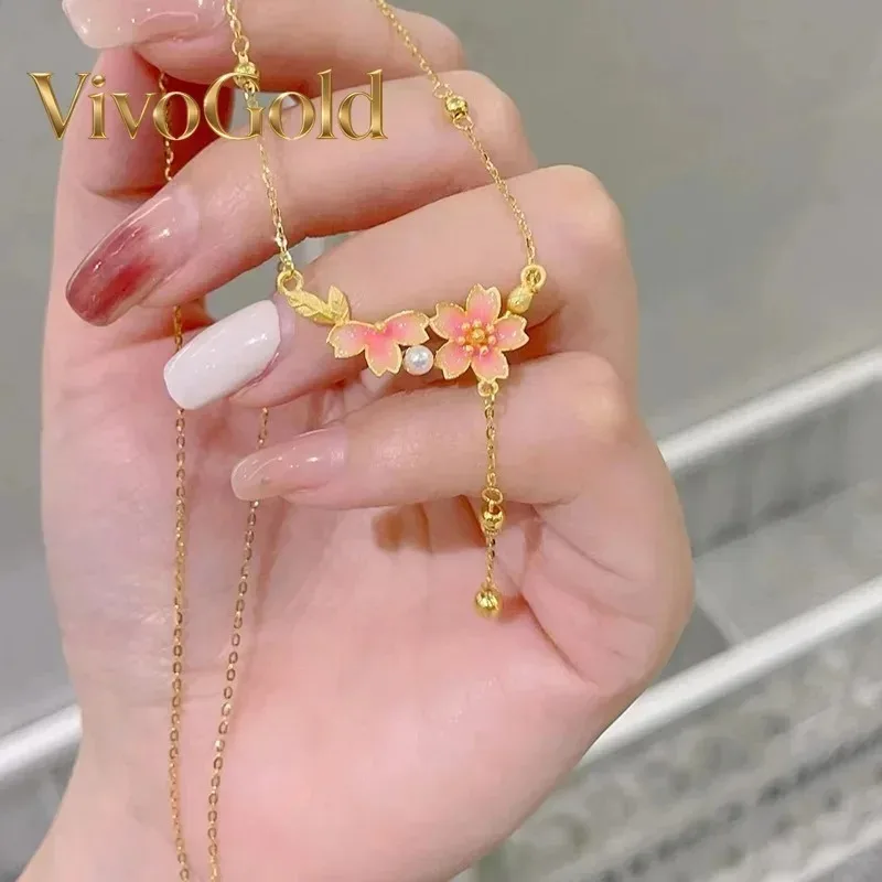 

Браслет-цепочка VivoGold9999 из настоящего золота 24K с жемчугом и цветами сакуры, новый китайский стиль, розовая эмаль, для женщин