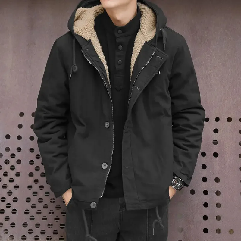 سترة قطنية قصيرة فضفاضة بغطاء للرأس دافئة للرجال مع بطانة من الصوف لمعطف الشتاء السميك والمبطن بالقطن