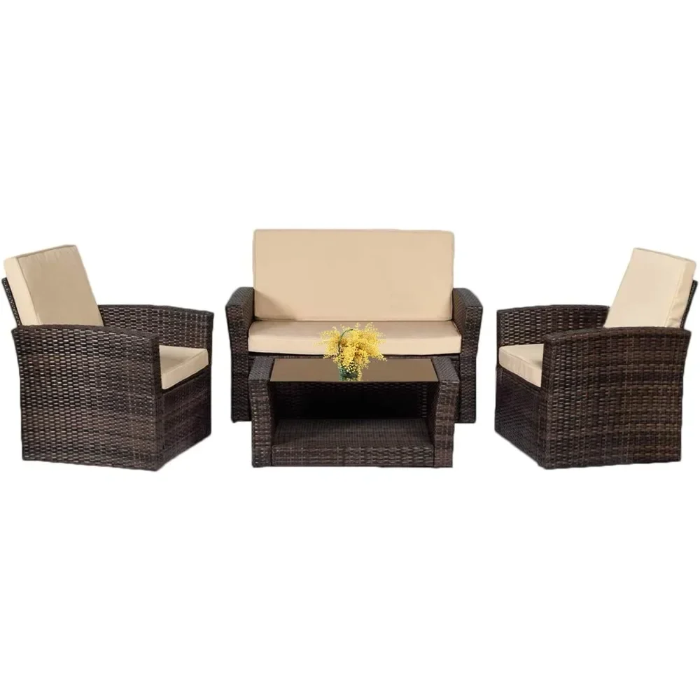 

Sectional Sofa Rattan Chair Wicker Conversation Set Outdoor Backyard Porch Poolside Balcony Garden Furniture With Coffee Table