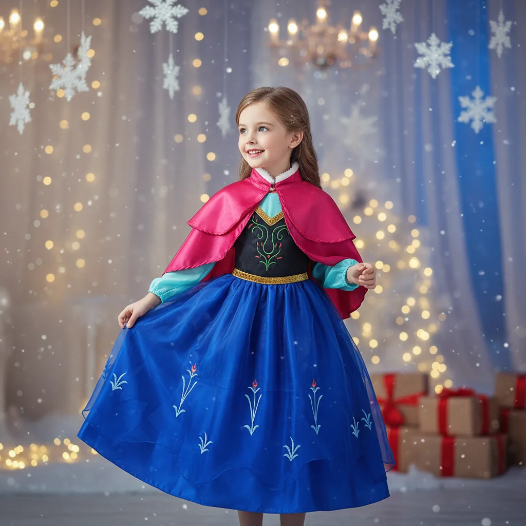 Satin Construction Cape Detail Golden Belt Accent Regal Blue Multi-Layered Skirt Skin-Friendly Princess Gown for Carnival Party