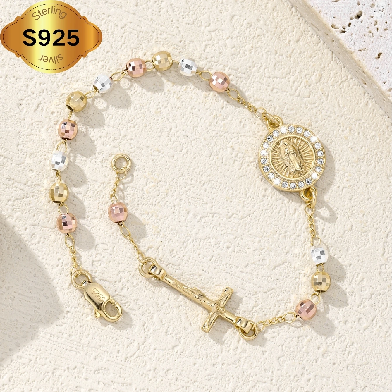 

925 Sterling Silver Hypoallergenic Handmade Guadalupe Faith Bracelet with Colorful Beads Elegant Religious Jewelry Gift