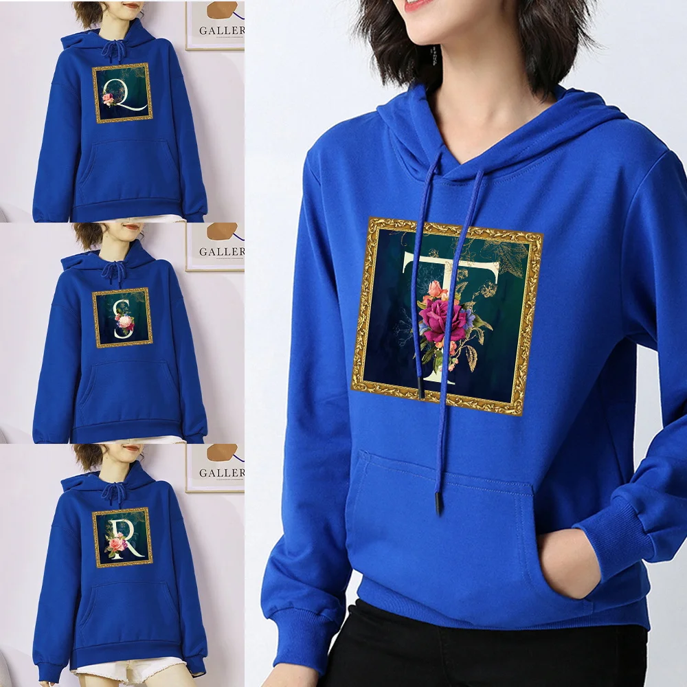 

Fashion Comfortable Blue Hoodie Loose Pocket Sports Shirt Flower Serie Letter Print Pattern Women's Casual Hip Hop Sports Hoodie