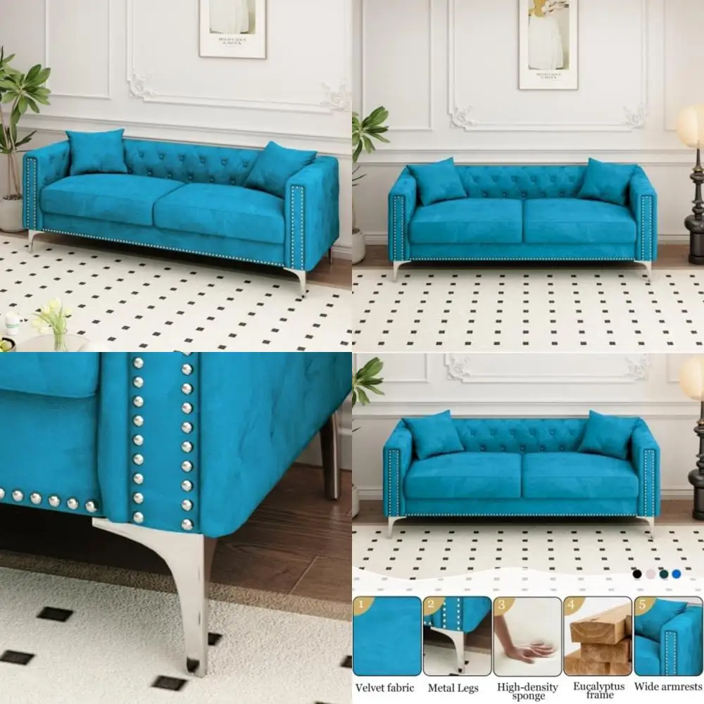 سرير أريكة فوتون حديث من منتصف القرن، سرير أريكة مخملي أزرق مقاس 83 بوصة لغرفة المعيشة، مثالي للمساحات الكبيرة والصغيرة مع وسادتين #1