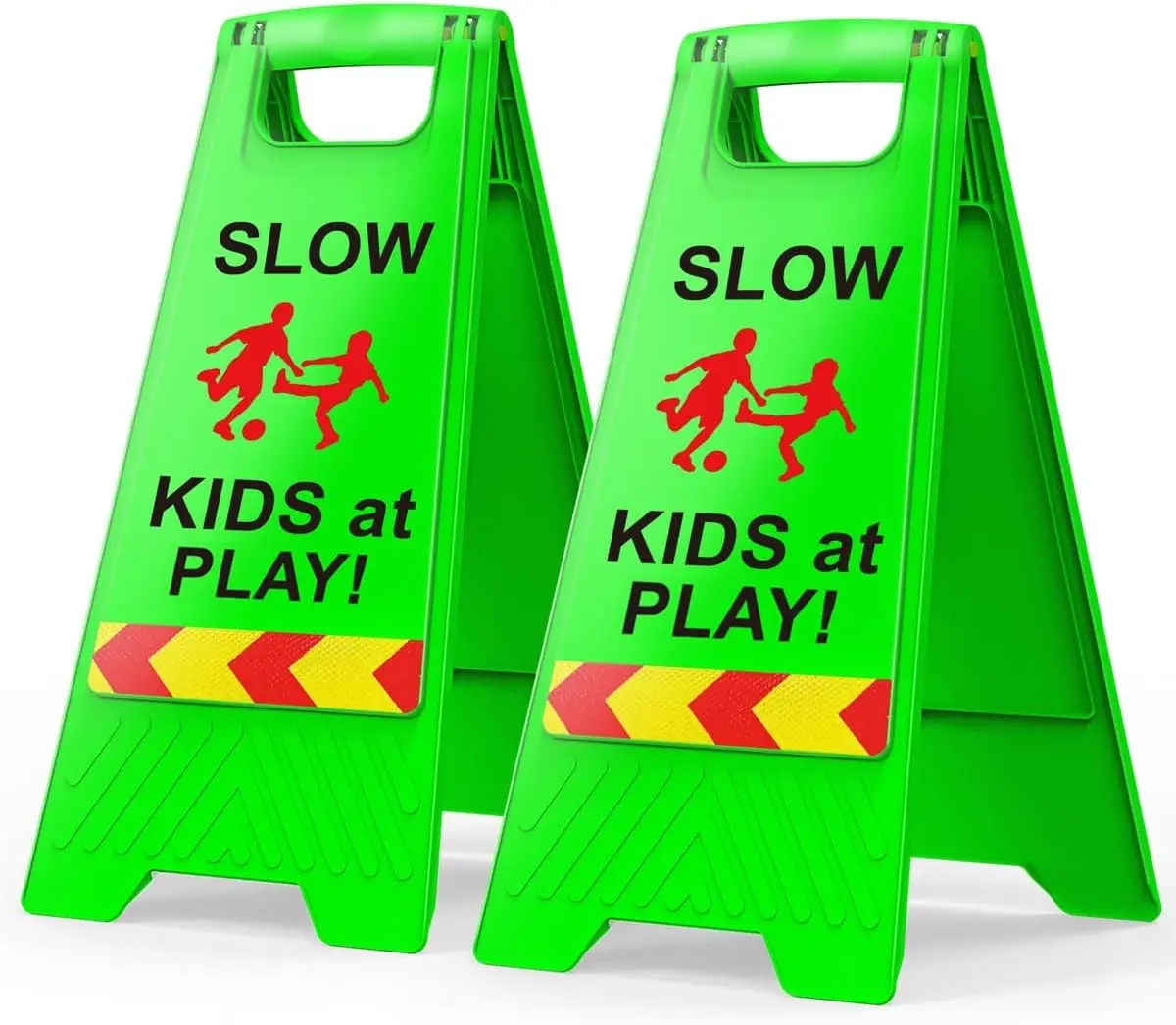 

Slow Down Kids at Play Sign with Reflective Tape, Double-Sided 22.4" H Safety Signs for Street (2 Pack Green)