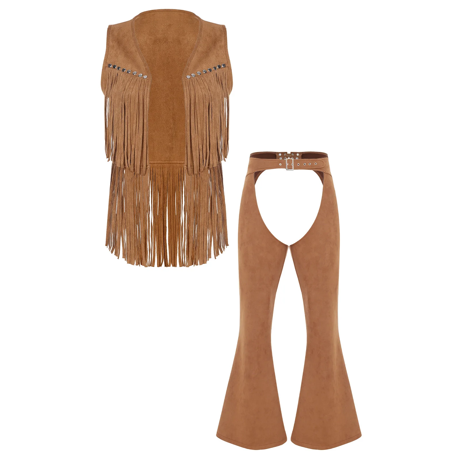 

Mens Western Cowboy Faux Suede Outfit Open Front Tassel Vest And Hollow-out Crotch Chaps Wide Leg Pants for Halloween Cosplay