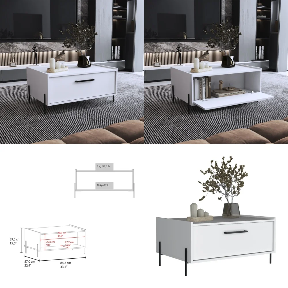 

Café TablesModern White Coffee Table 15.6 Inch with 1 Shelf and 4 Legs Stylish Living Room Furniture