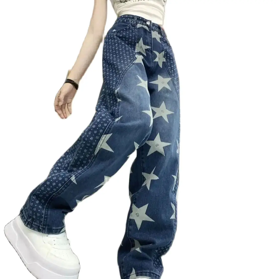 Jeans Blauw Gesplitst Sterontwerp Vintage Met Hoge Taille Voor Vrouwen 2024 Koreaanse Mode Y 2K Causale Denim Jeans Hiphop Punkbroek