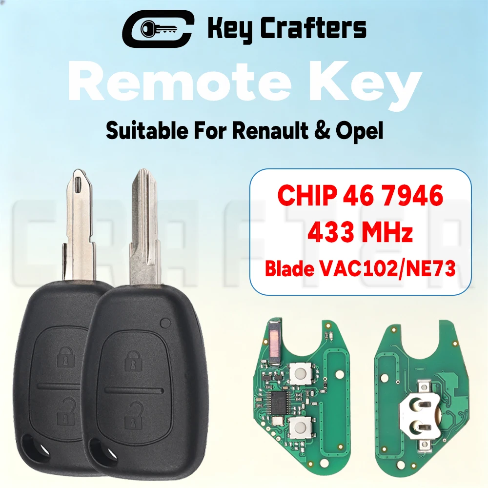 Key Crafters ID46 CHIP PCF7946 433MHz Remote Car Key For Opel Vivaro Vauxhall 2003-2012 For Renault Trafic Master Kangoo Movano