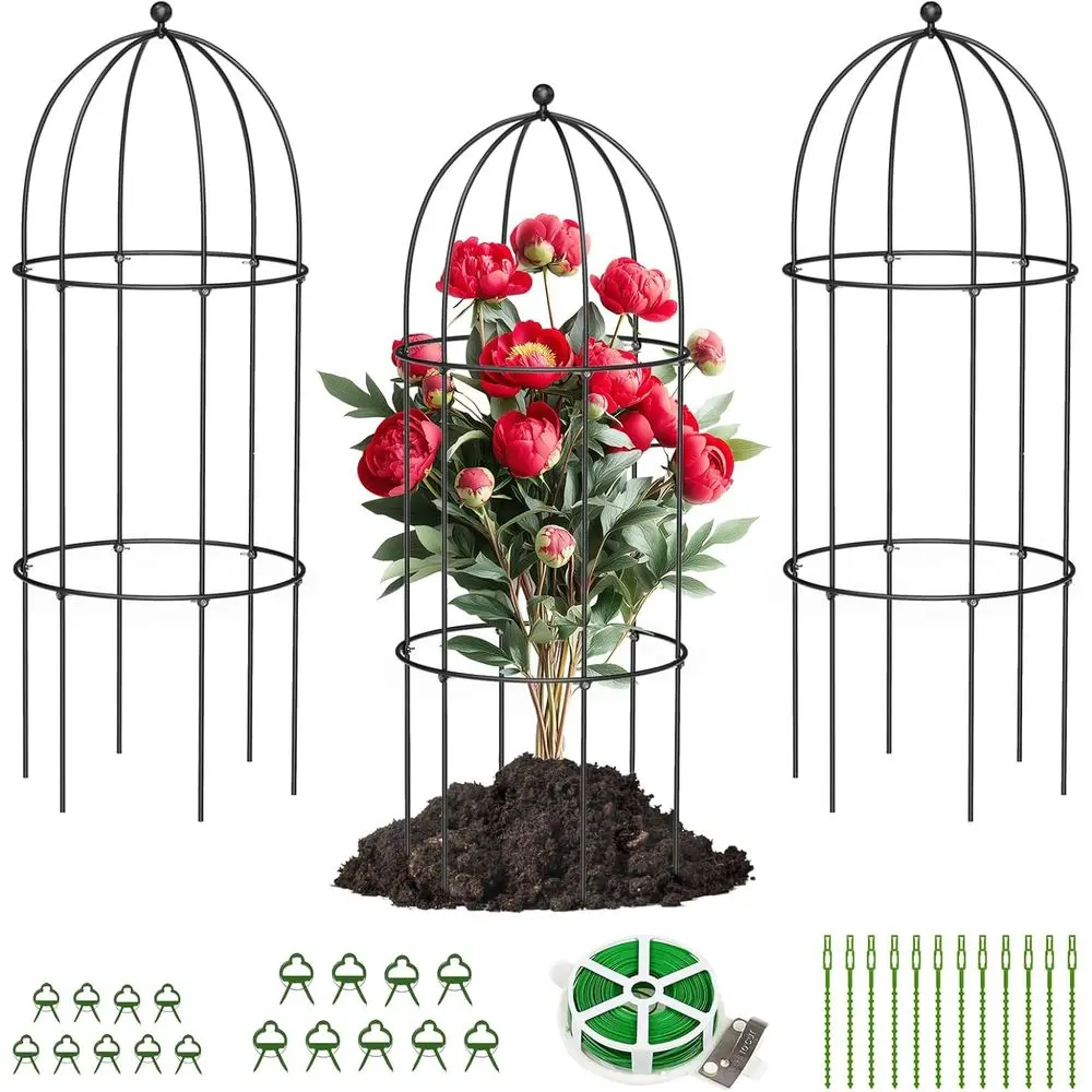 

3 Pack Garden Trellis, 17.7 x 47.2 Black Metal Peony Cage, Indoor Outdoor Plant Support for Obelisk, Cucumber, Lily, Rose