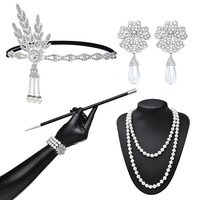 6PCS 1920 Makeup Ball Accessories Gatsby Party Alloy Headband Necklace Long Smoke Rod Glove Earrings Bracelet Set