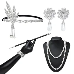 6PCS 1920 Makeup Ball Accessories Gatsby Party Alloy Headband Necklace Long Smoke Rod Glove Earrings Bracelet Set