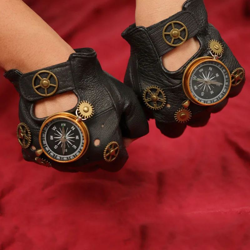 Medieval Men Women Steampunk PU Leather Compass Gloves Fingerless Fashion Hip Hop Punk Gloves Half Finger Gloves Cosplay Prop