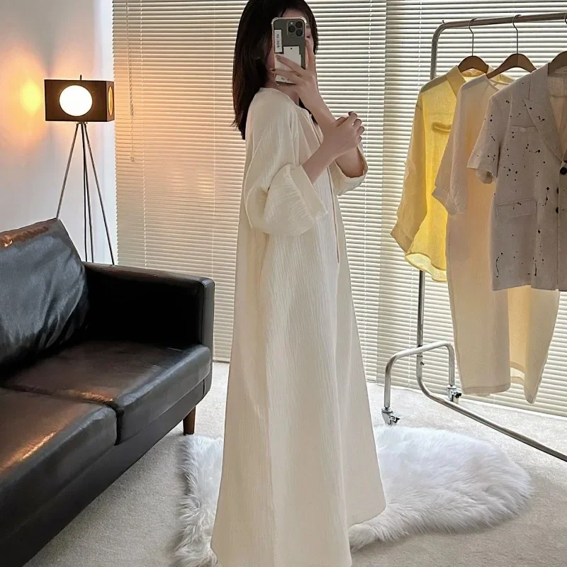 Korean Sleepwear Women Nightgown Button Loose Nightwear Autumn Night Dress Solid One Piece Pajamas O-neck Home Wear New in 2024