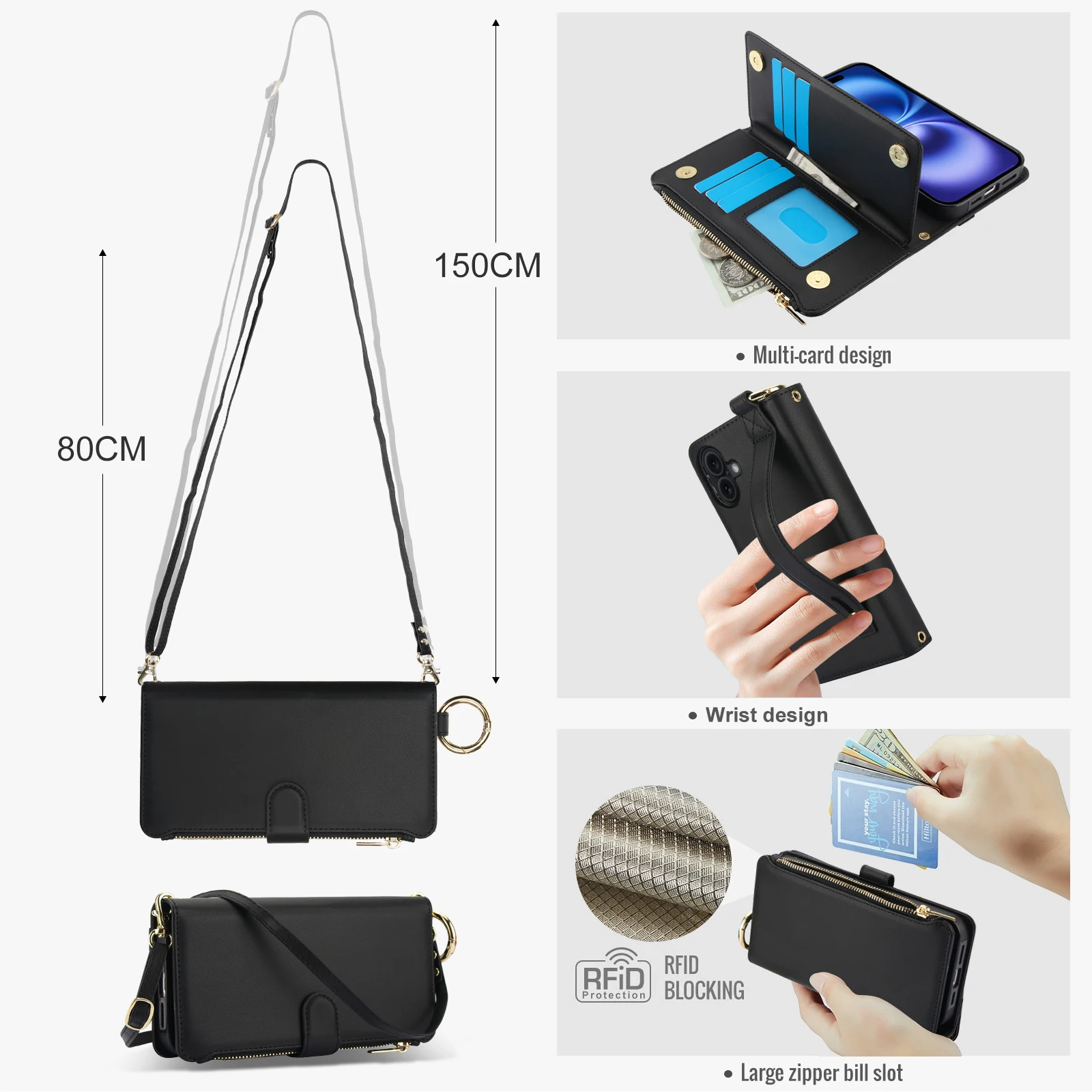 Luxury Lanyard Crossbody Zipper Leather Ring Wallet Card Phone Case For IPhone 18 17 16 15 14 13 12 11 Pro Max Plus Promax Cover