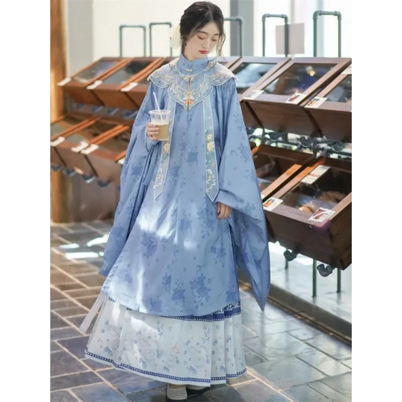 

Spring Original Ming Dynasty Hanfu Dress Suit Heavy Embroidery Pearls Cloud Shoulder Horse Face Skirt Floral Printed Robe Women