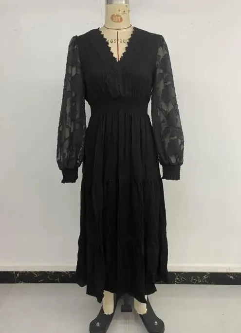 

Women Dresses Temperament Commuting 2025 Autumn New Sweet & Elegant Women's Lace V-Neck Lace Long Sleeve Solid A-Line Dress