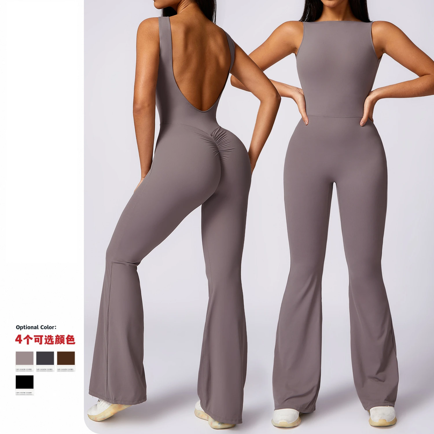 

Women Yoga Sport Jumpsuit with Flare Legs Backless Gym Outfit Push Up Leggings Female Overalls One Piece Active Wear 2024