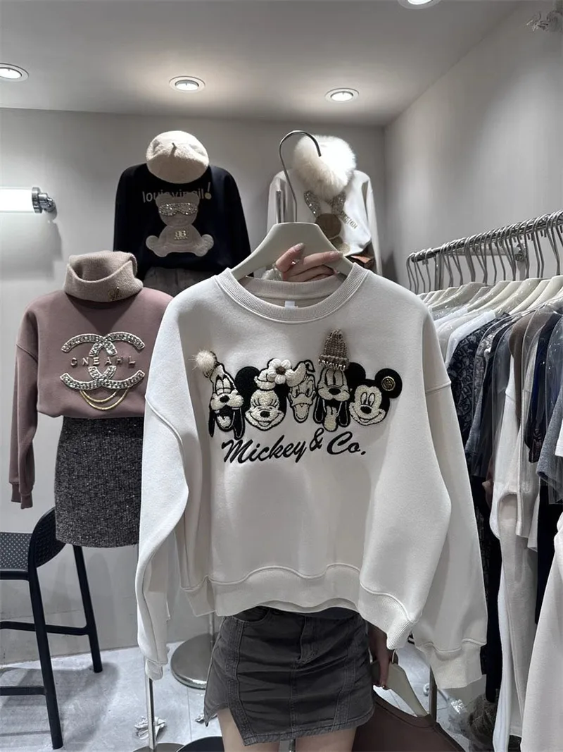 Disney Clothes Mickey Embroidered Round Neck Pullover Women  Design Fleece Sweatshirt Y2k Female Fashion Short Style Tops Gifts