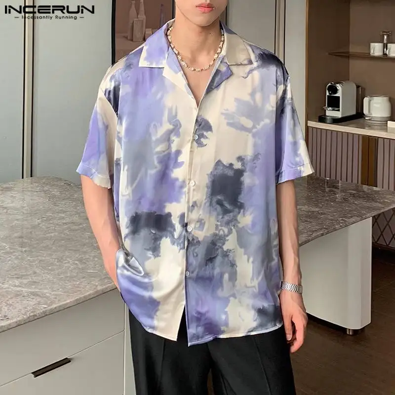 INCERUN Tops 2024 Korean Style Fashion New Men\'s Colorful Tie Dye Shirt Summer Casual Streetwear Male Short Sleeved Blouse S-5XL