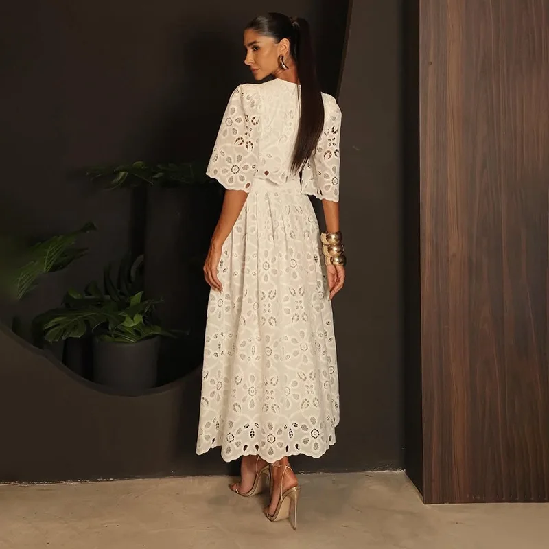 Spring Pattern Hollow Out Bust Skirt Suit Women Half Sleeved Top+high Waist Loose Knee Length Skirt Autumn Female Two Piece Set