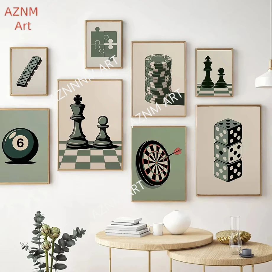 Modern Board Game Puzzle Piece Posters Poker Chips Dartboard Pool Ball Prints Canvas Painting Wall Picture Home Game Room Decor