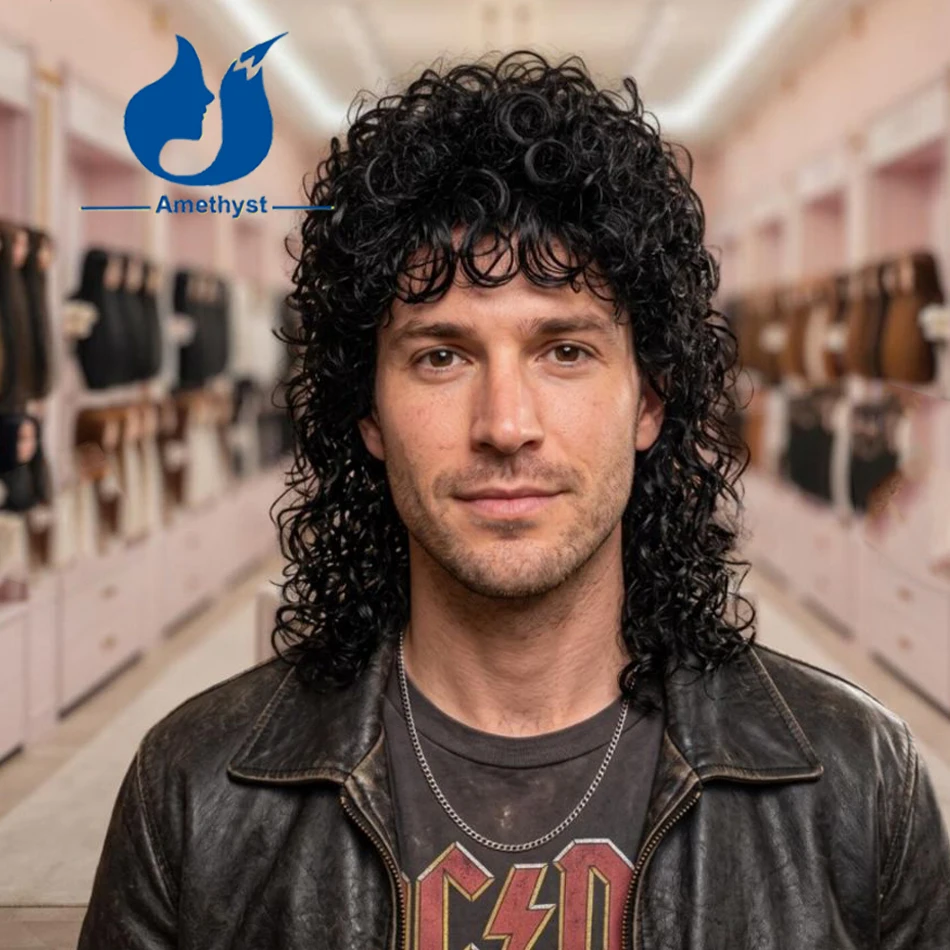 Amethyst Men's Curly Black Short Mullet Cut Wig with Bangs Human Hair 13x6 Transparent Lace Front Wig Remy Hair Pre Plucked