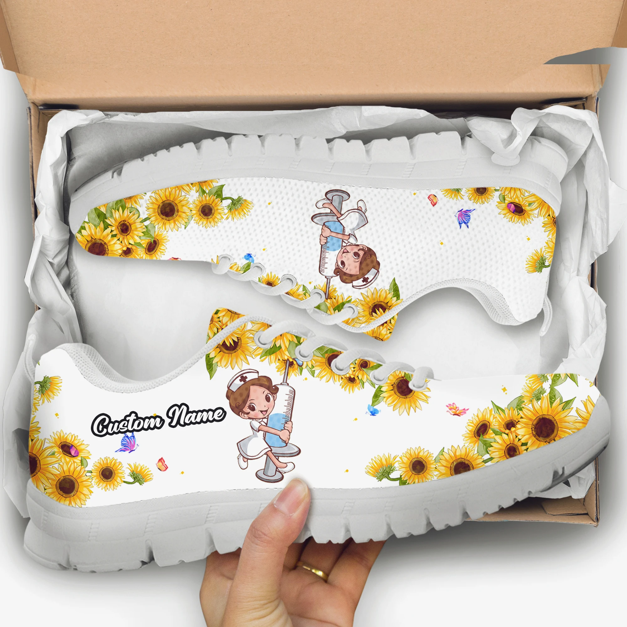 INSTANTARTS Nurse Girls Sunflower Floral Print Flat Shoes for Women Wear-Resistant Casual Sneakers Female Nurse Zapatos Custom