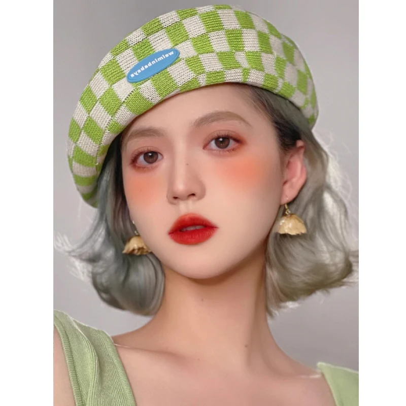 Y2K Millennium Fruit Green Checkerboard Hollow Beret Caps for Women Korean Spring Summer Breathable Painter Hat Gorros De Mujer