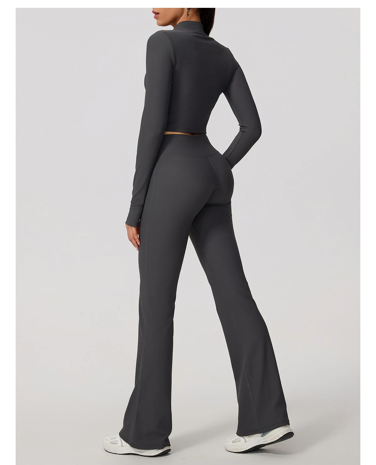 Sommer Damen 2-teiliges Langarm-Yoga-Set V-Taille Gerippte Schlaghose Sportsets Damen Fitness Gym Sportanzug – Detail 20