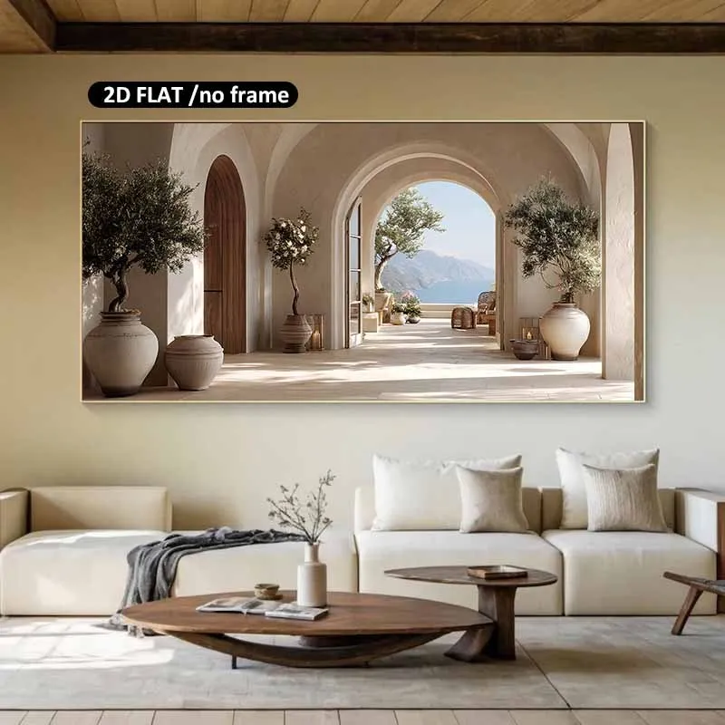 2D/Flat Modern Mediterranean Olive Trees Canvas Wall Art Unframed Minimalist Spanish Coastal Archway Print for Living Room Decor
