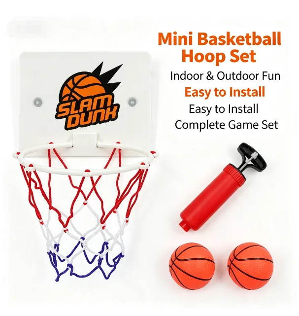 No Drill Wall Mount Mini Basketball Hoop Set, Indoor & Outdoor Kids Shooting Toy, Comes with 2 Mini Basketballs & Air Pump, Pare