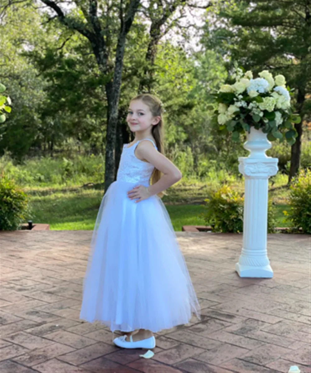 

Kids White Ivory Puffy Flower Girl Wedding Dress Appliques Spaghetti Straps First Communion Dress Girls Bride Dress Customized