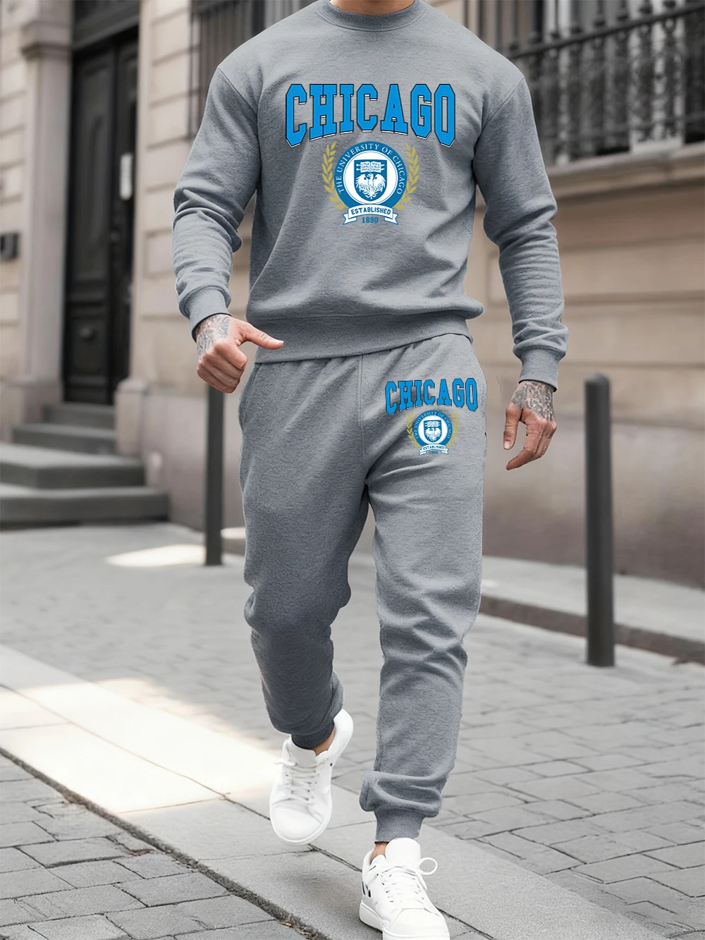 

2 Pcs Hoodies Set Mens Chicago University Prints Sweatpants Winter Loose Fleece Warm Hoody Jogging Pants Sporty Crewneck Clothes
