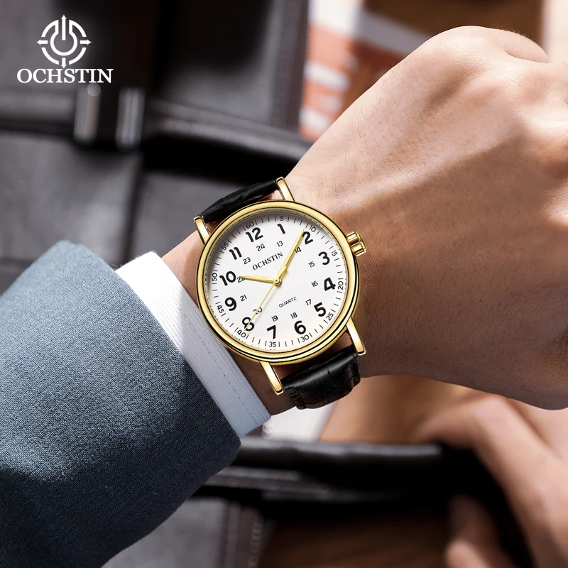 OCHISTIN 2023 New Mens Watches For Men Retro Big Dial Quartz Wrist Watch Male Casual Black Leather Watch Reloj Hombre