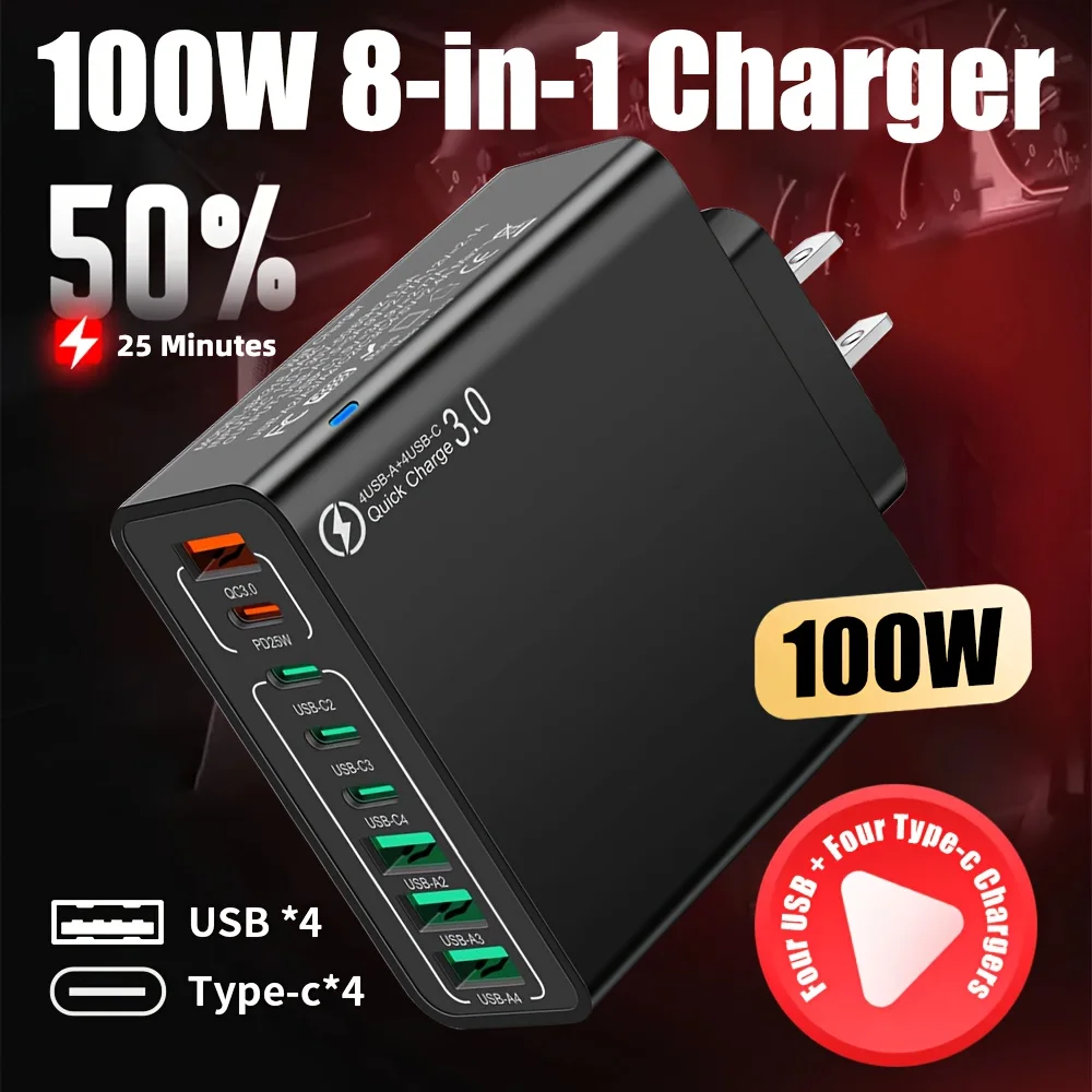 

Всего 100 Вт 4 USB 4 Тип C Зарядное устройство KR Разъем QC3.0 Настенный адаптер для телефона для iPhone 16 15 14 Xiaomi Huawei Samsung