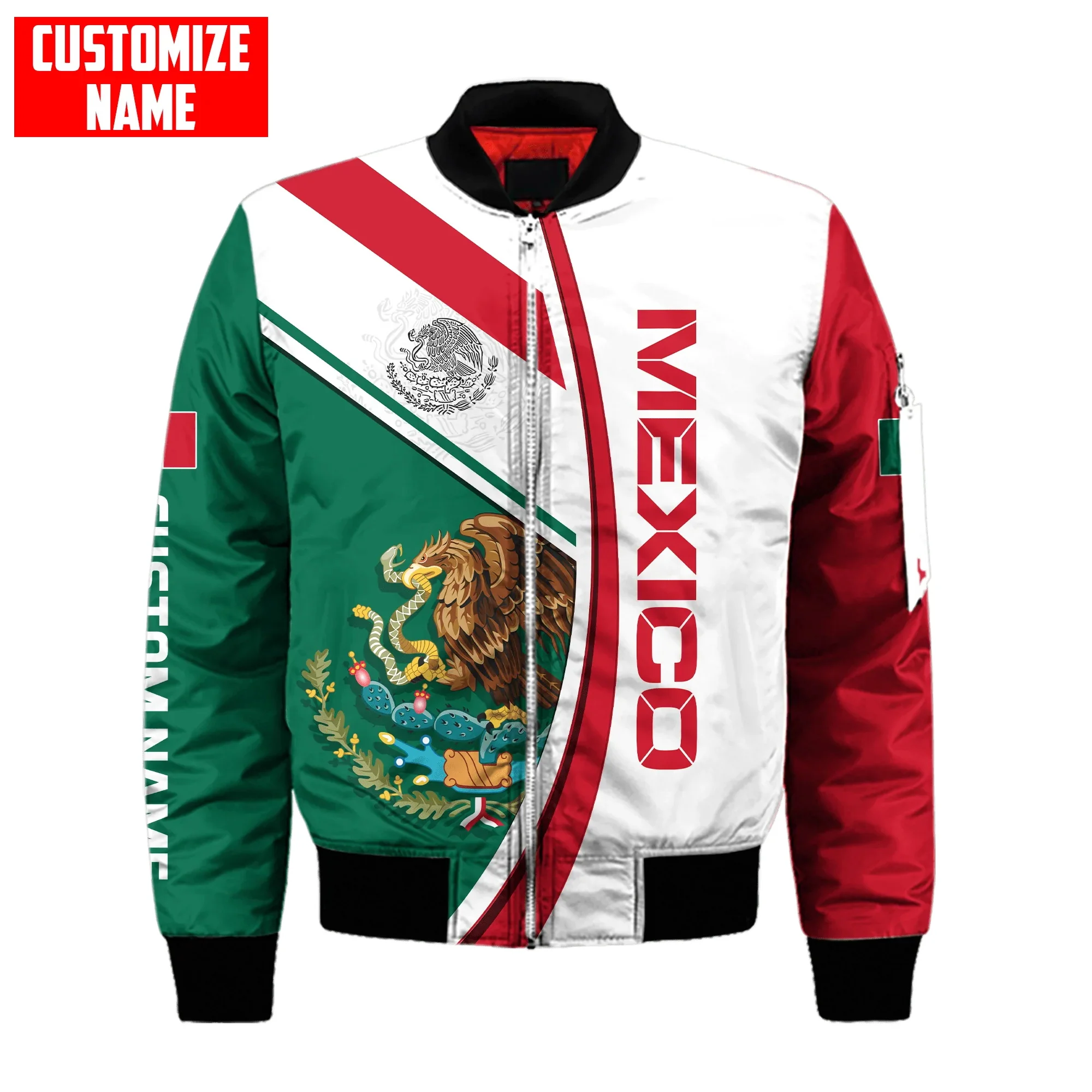 

Winter Fashion Mens Bomber Jacket Personalized Mexico Flag Coat of Arm 3D Print Warm Thick zipper Jacket Unisex Casual coat FY09