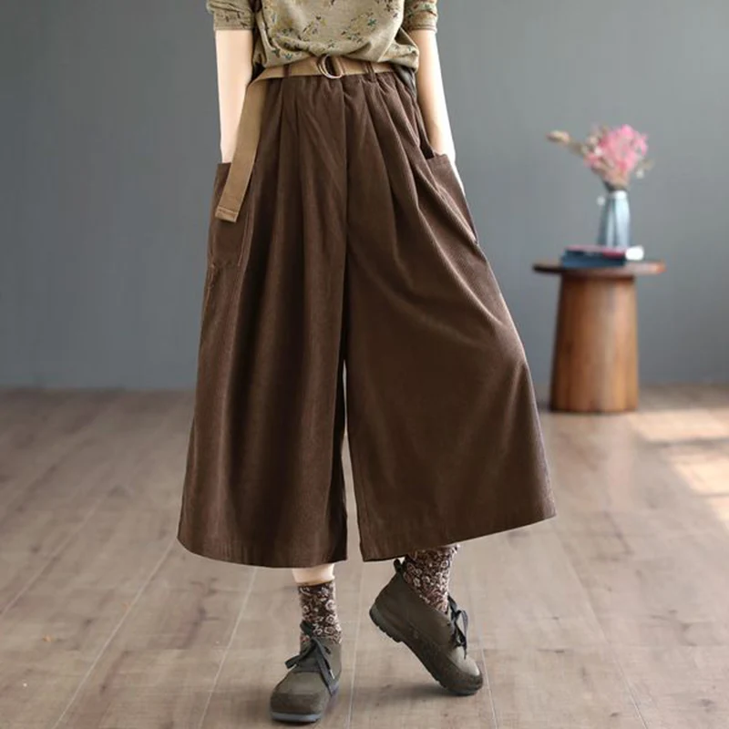 Corduroy Vintage Calf Pants Spring Fall Women High Waist Loose Pockets Design Wide Leg Pants with Belt Korea Style Casual Pants