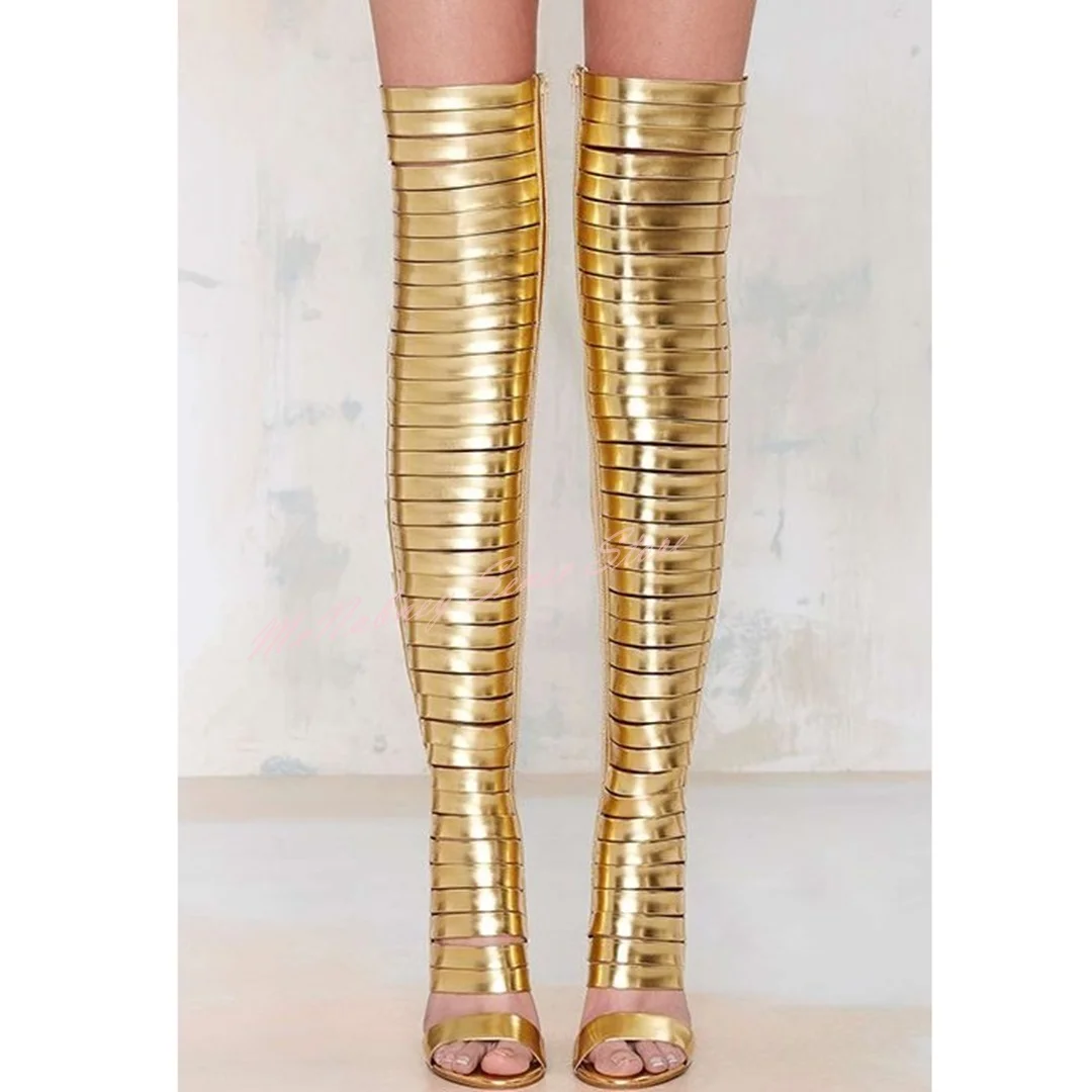 Gold Straps Cut Outs Sandals Open Toe Solid Stiletto Heels Over The Knee Sandals Boots Side Zipper Women Sexy Summer Shoes New