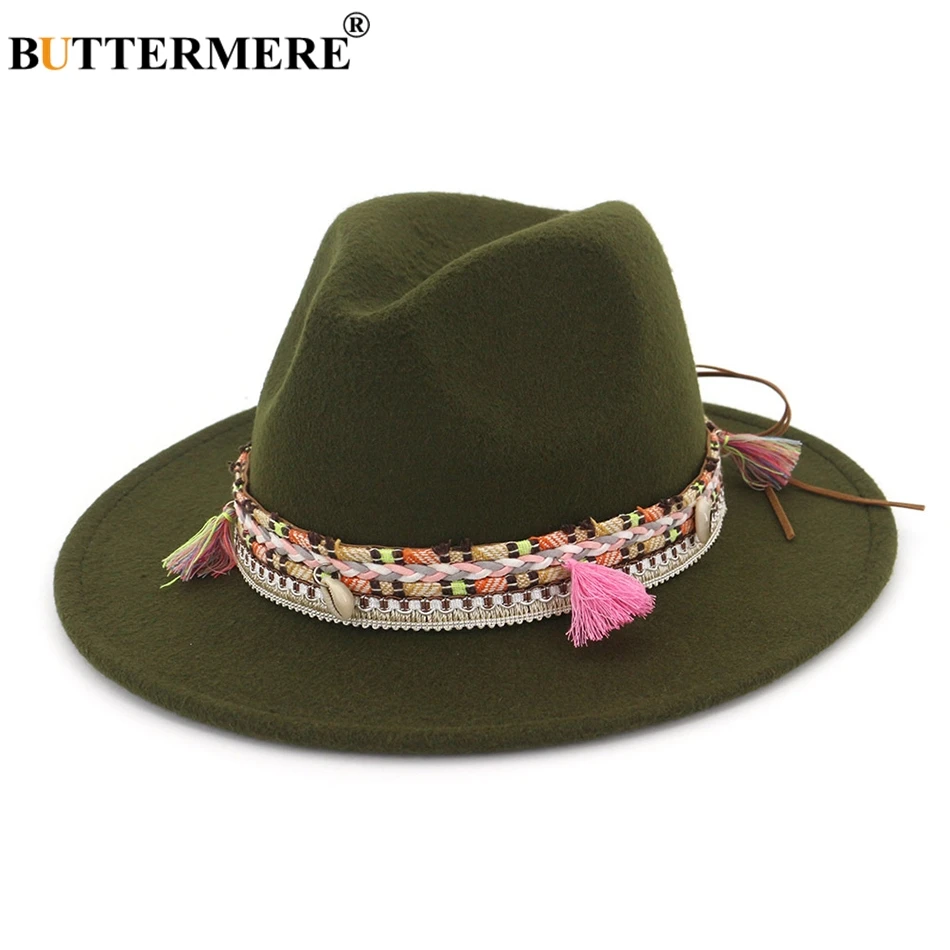 BUTTERMERE Womens Fedora Hat Wool Khaki Jazz Hats Female National Casual Large Brim Vintage Autumn Classic Felt Hat And Cap 2024