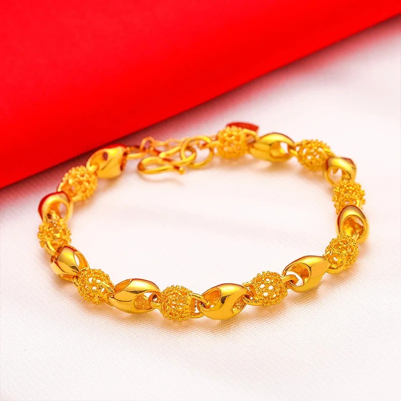 Non-fading Thick Plated Gold Color Hollow Delicate Beads Bracelet Women\'s Men\'s Hand Chain Link Original Fashion Jewelry