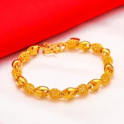 Non-fading Thick Plated Gold Color Hollow Delicate Beads Bracelet Women's Men's Hand Chain Link Original Fashion Jewelry