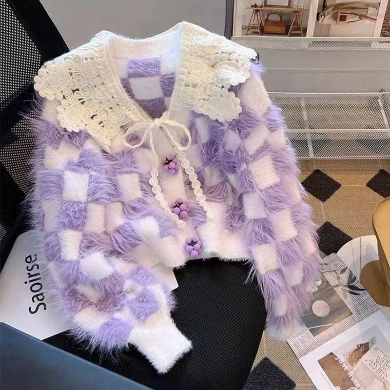 

Women Plaid Knitted Cardigan French Gentle Small Fragrance 3D Floral Cropped Sweaters Sweet Lace Patchwork Peter Pan Collar Tops