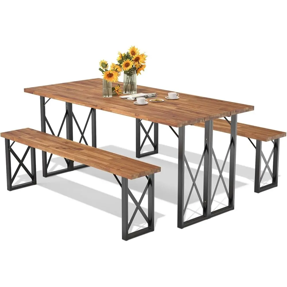 

Outdoor Picnic Table Set with 2 Benches, Acacia Wood Patio Dining Set or 6 or 4 Persons, with 2” Umbrella Hole, 67” Large Recula